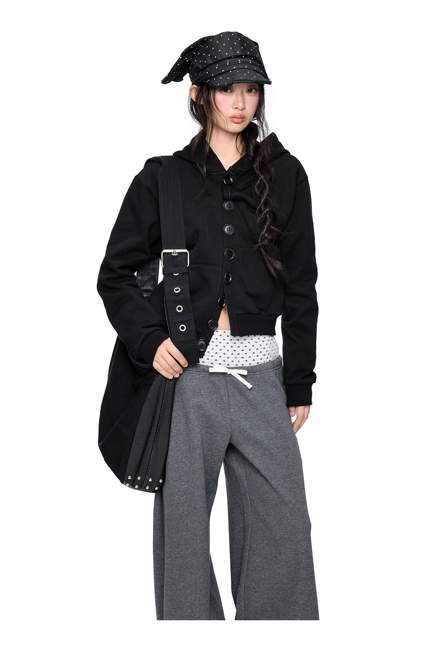 EZEK Multi-Button Embroidered Cropped Hoodie