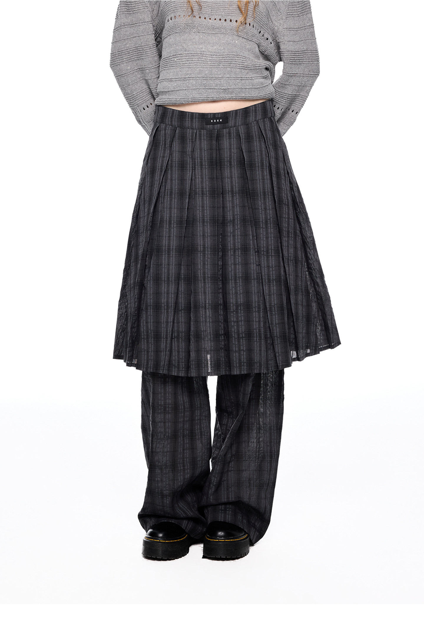 EZEK Plaid Pleated Wide-Leg Skirt Pants