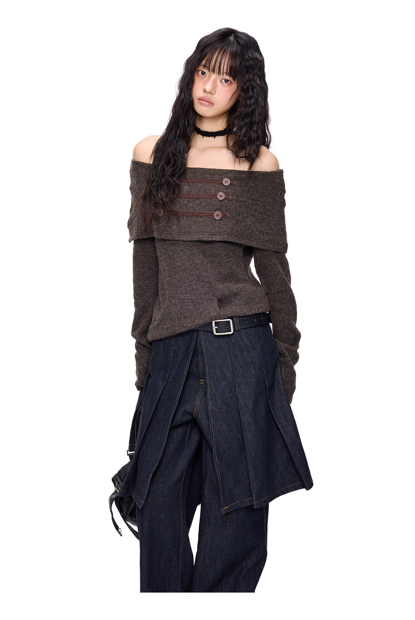 EZEK Off-Shoulder Button Knit Top