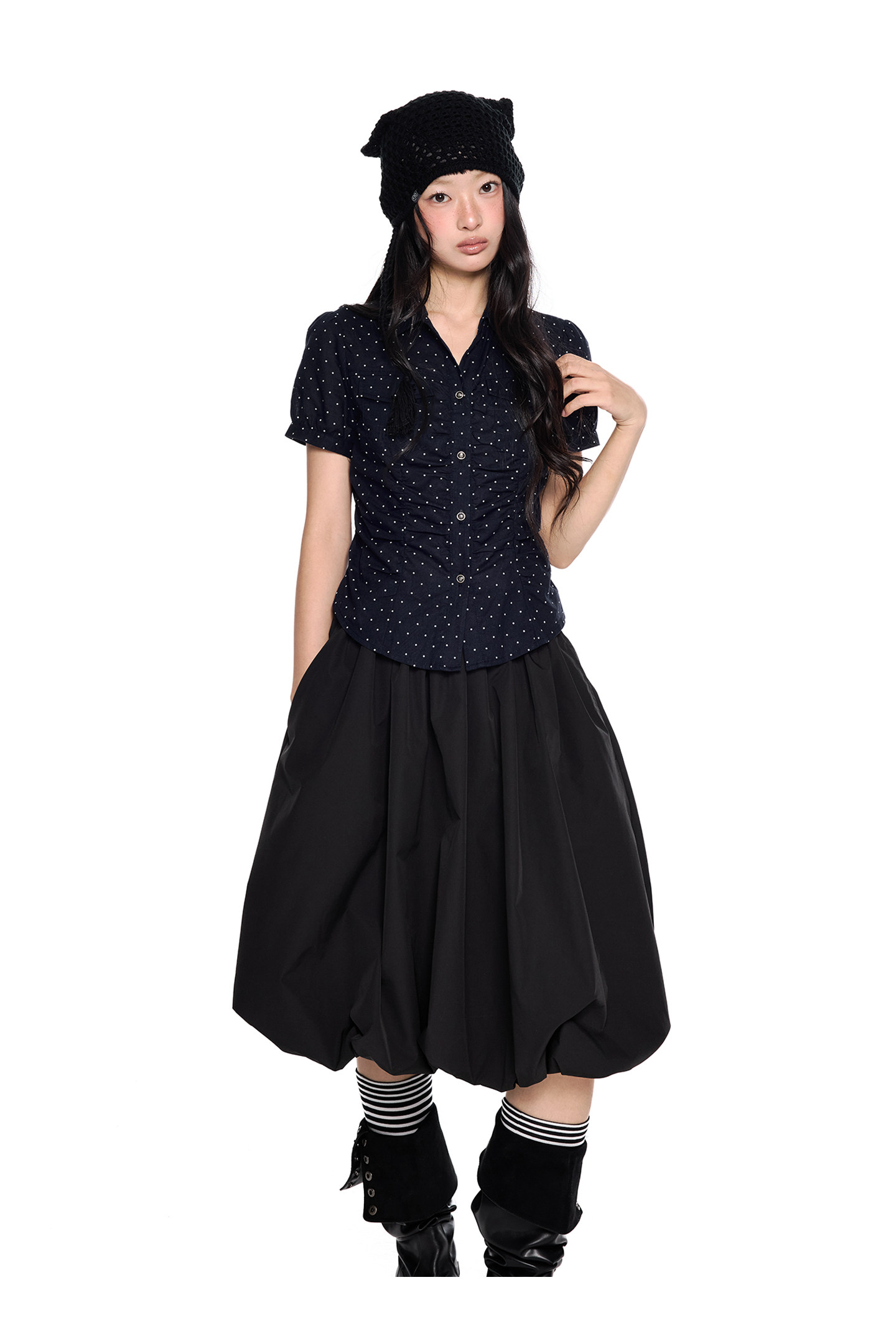 EZEK Checked Puff-Sleeve Cropped Shirt