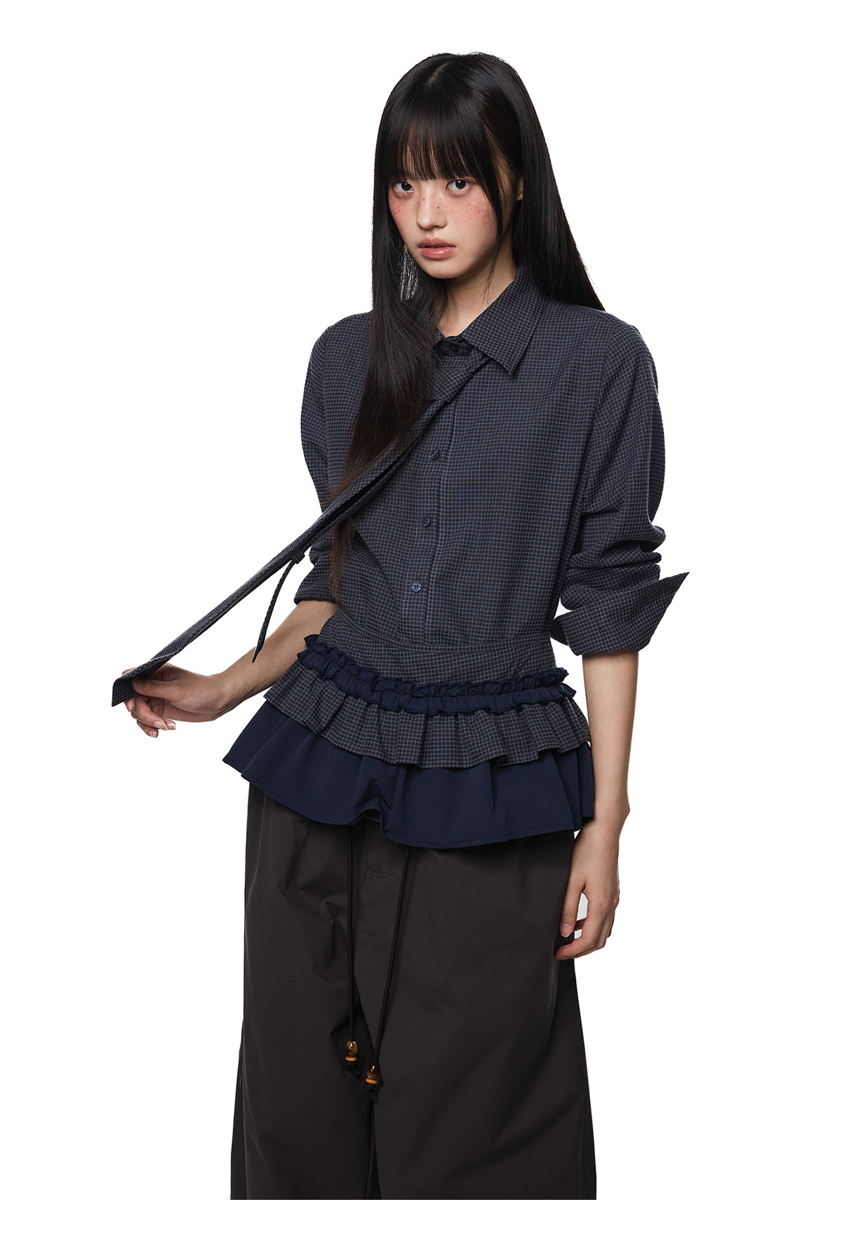 EZEK Plaid Ruffle Pleated Shirt