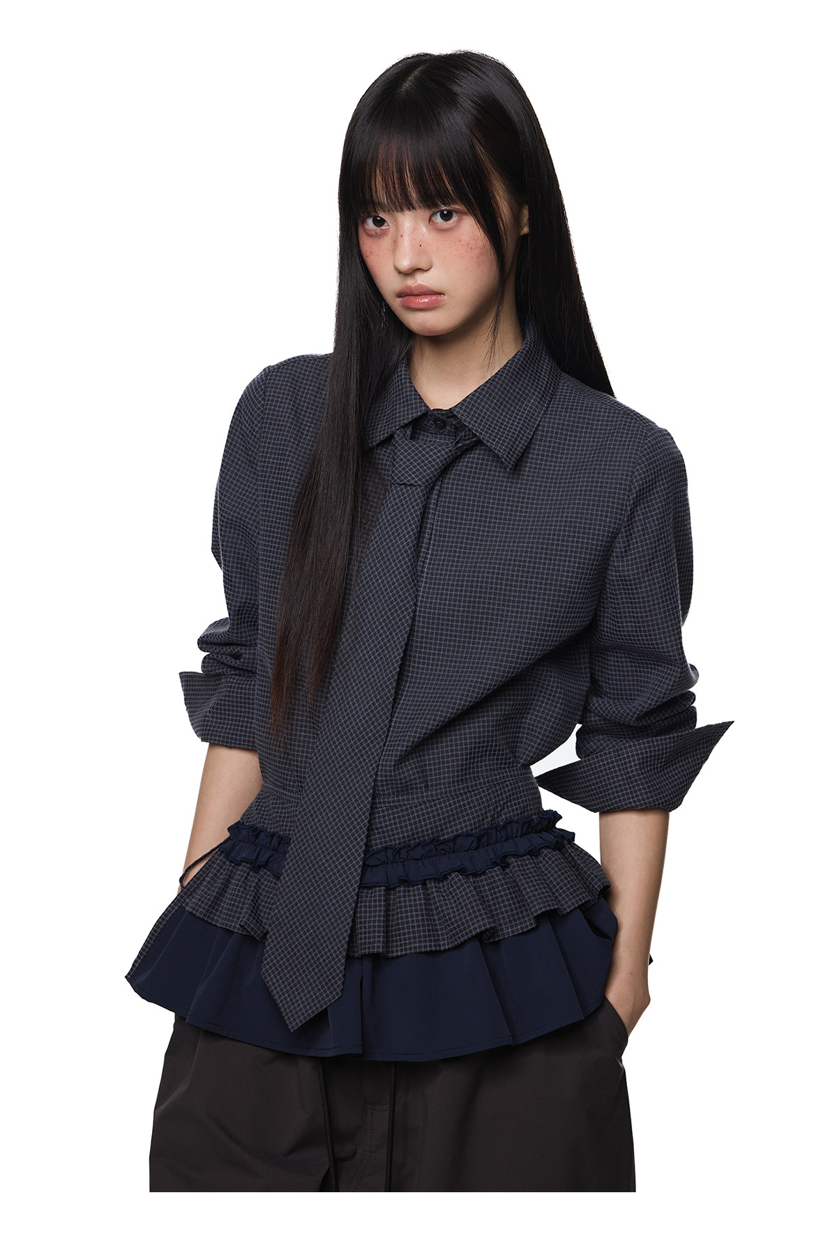 EZEK Plaid Ruffle Pleated Shirt