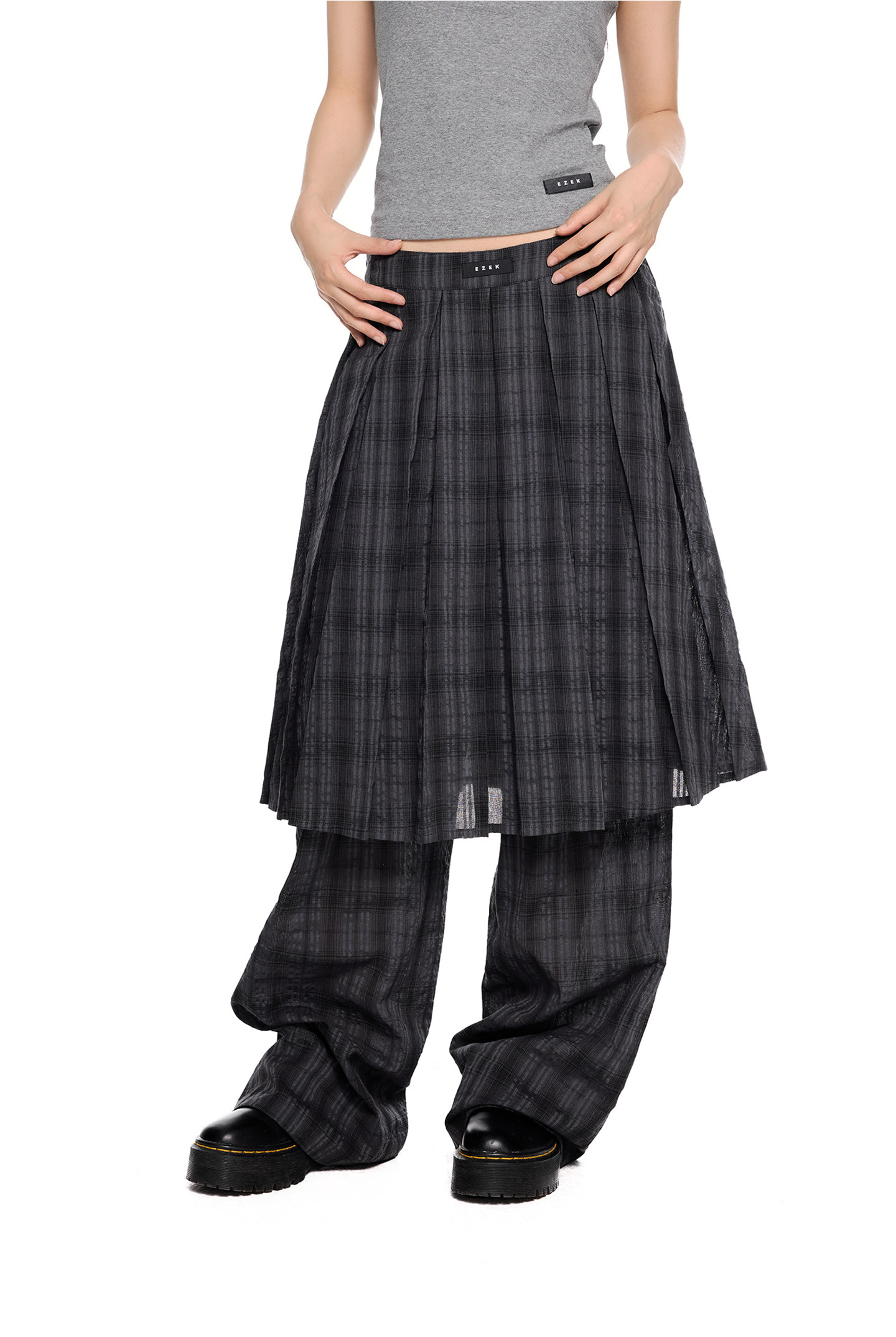 EZEK Plaid Pleated Wide-Leg Skirt Pants