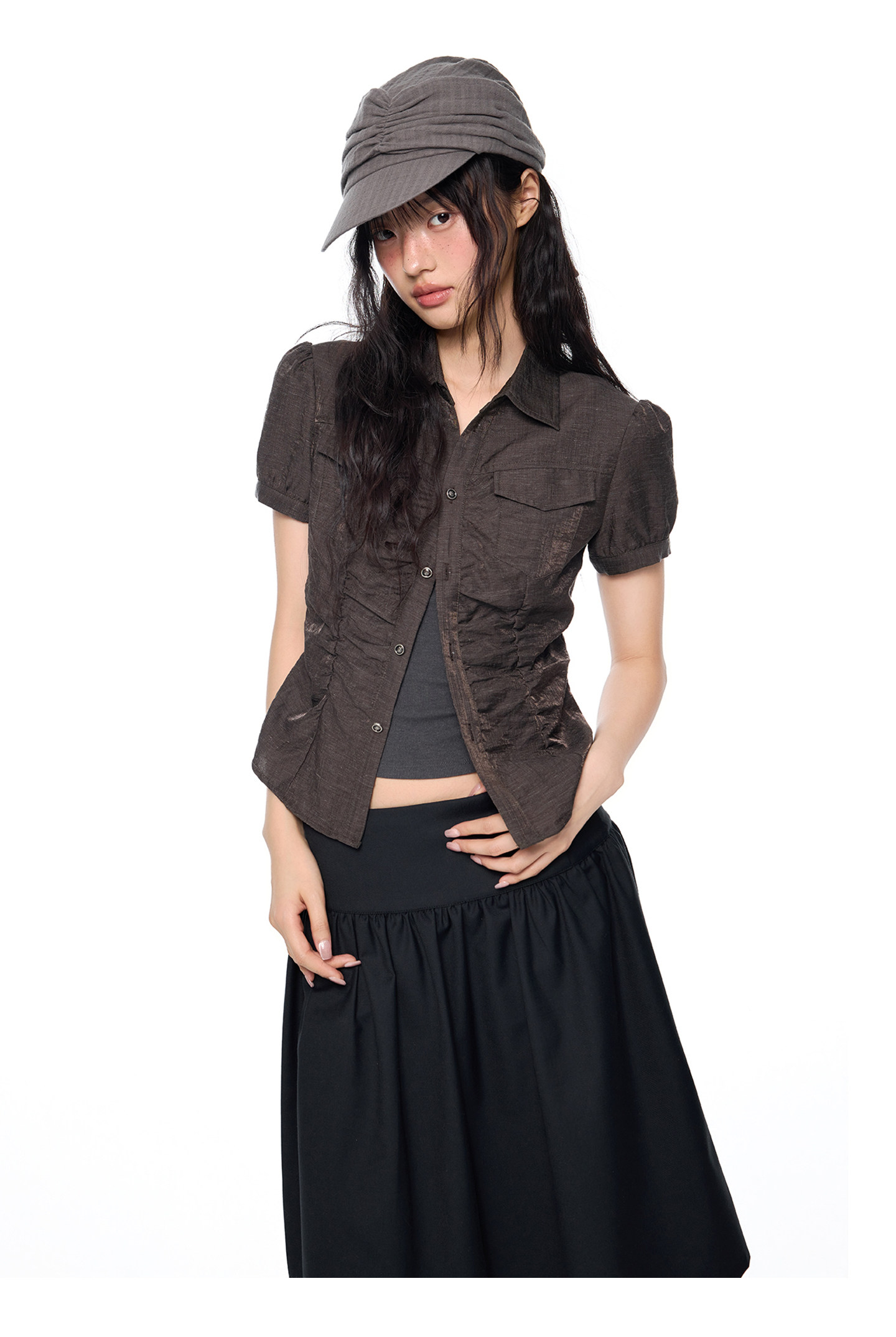 EZEK Checked Puff-Sleeve Cropped Shirt