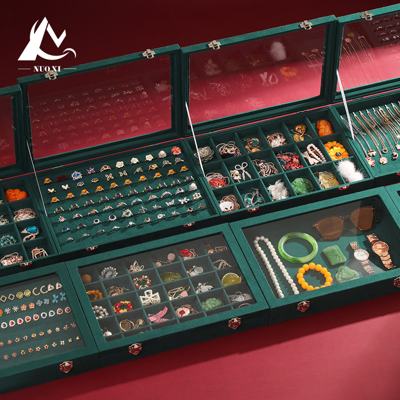 Velvet Dust-Proof Glass Skylight Jewelry Storage Box for Rings, Earrings, Ear Studs, Bracelets, Necklaces, and Accessories