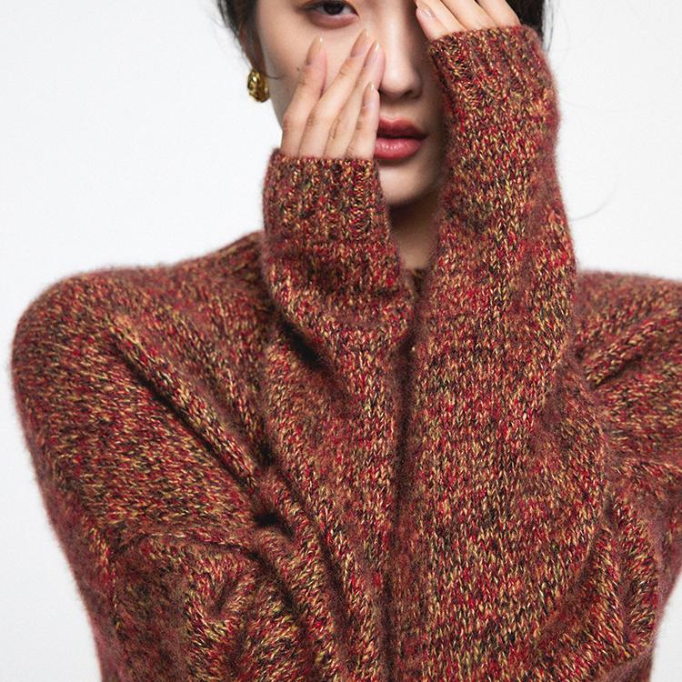 Luxurious and Warm Experience, Thick and Loose, Lazy Style, 100% Pure Wool Sweater, Irregular Half-High Collar Knit Sweater, Versatile