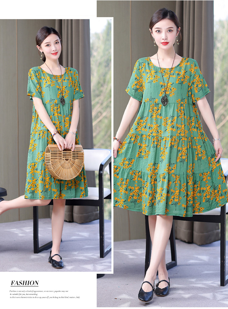 Mom Loose Slim Floral Cotton Silk Dress Summer Dress 2023 New Women's Short Sleeve Stylish Fashion Elegant