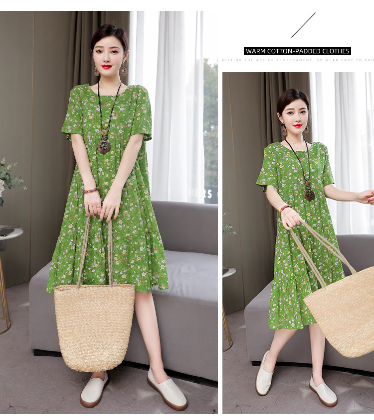 Mom Loose Slim Floral Cotton Silk Dress Summer Dress 2023 New Women's Short Sleeve Stylish Fashion Elegant