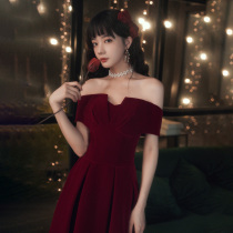 Word shoulder toast dress bride wine red 2021 new summer velvet wedding engagement evening dress thickened temperament