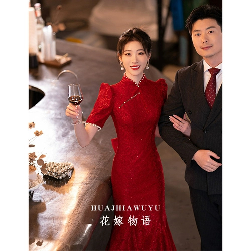 Вечернее платье, ципао, бордовое свадебное платье для невесты, китайский стиль, крой «рыбий хвост»