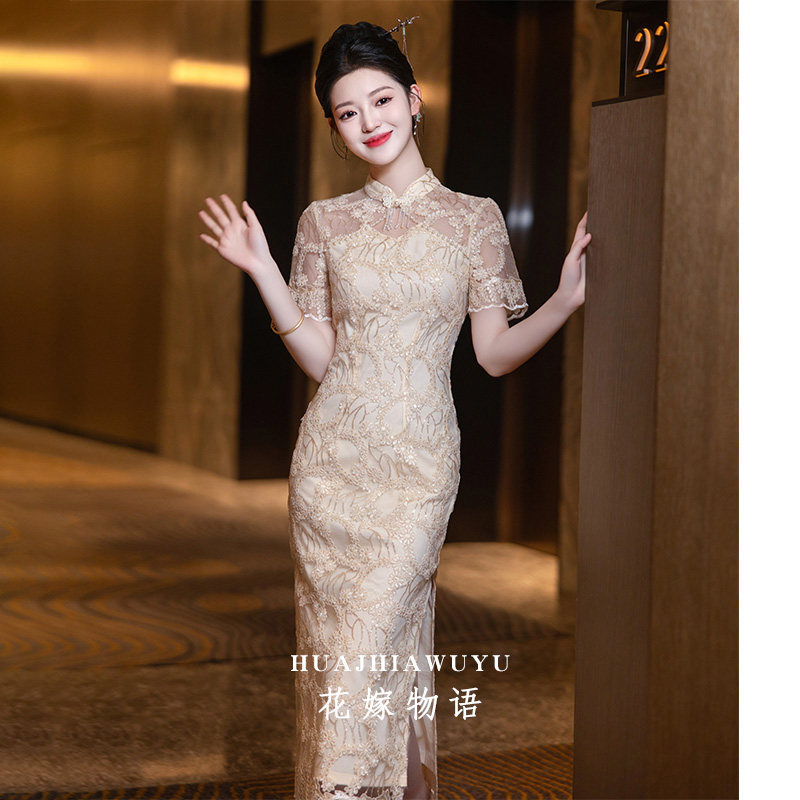 2025 new chinese style engagement dress - champagne lace cheongsam! stunningly beautiful modernized morning robe dress, perfect 2025 new chinese style engagement dress - champagne lace cheongsam! stunningly beautiful modernized morning robe dress, perfect
