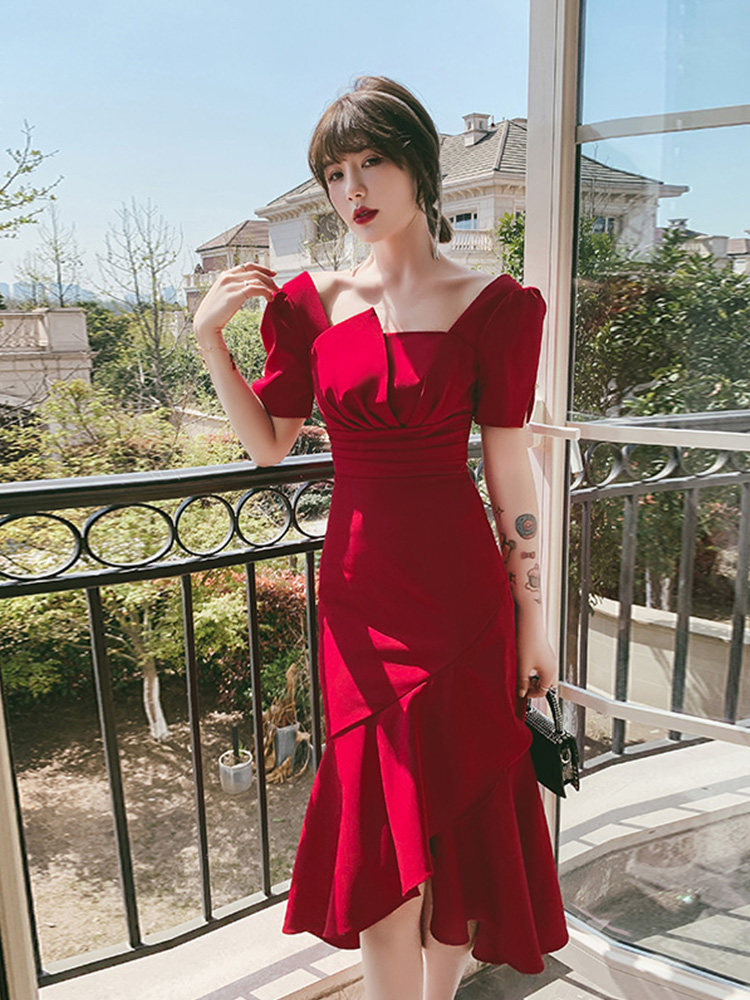 Toast dress bride wine red banquet temperament 2021 new wedding dress fishtail dress slim engagement woman