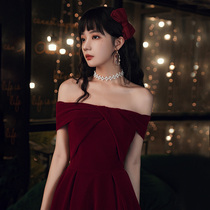 Bridal toast dress one shoulder 2021 new summer red velvet waist back door dress engagement can usually be worn