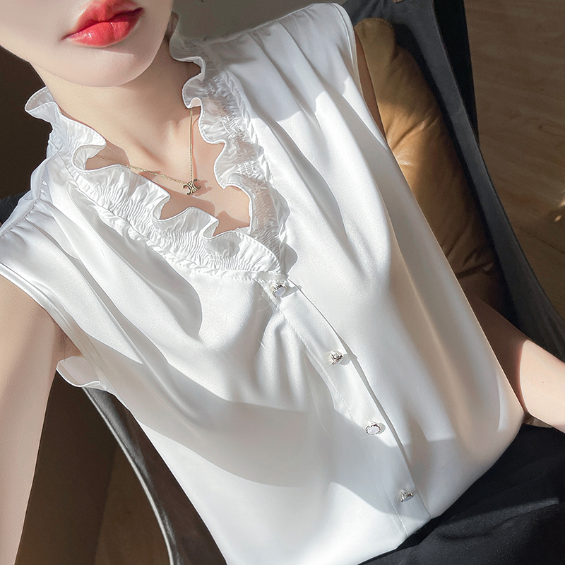 Lotus Leaf Collar Vest for Women, V-Neck Lace Sleeveless Base Layer, Satin Suit, Lace Ruffle Edge, Imitation Silk Top