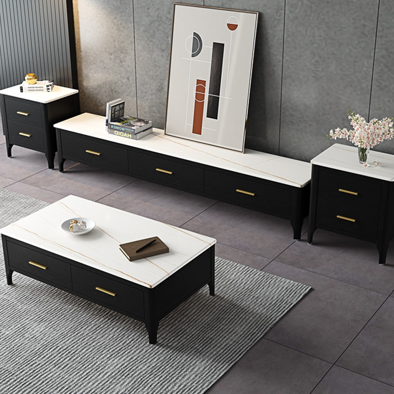 All-solid wooden plate tea table TV cabinet combination modern minimal household small household Nordic wind marble TV cabinet