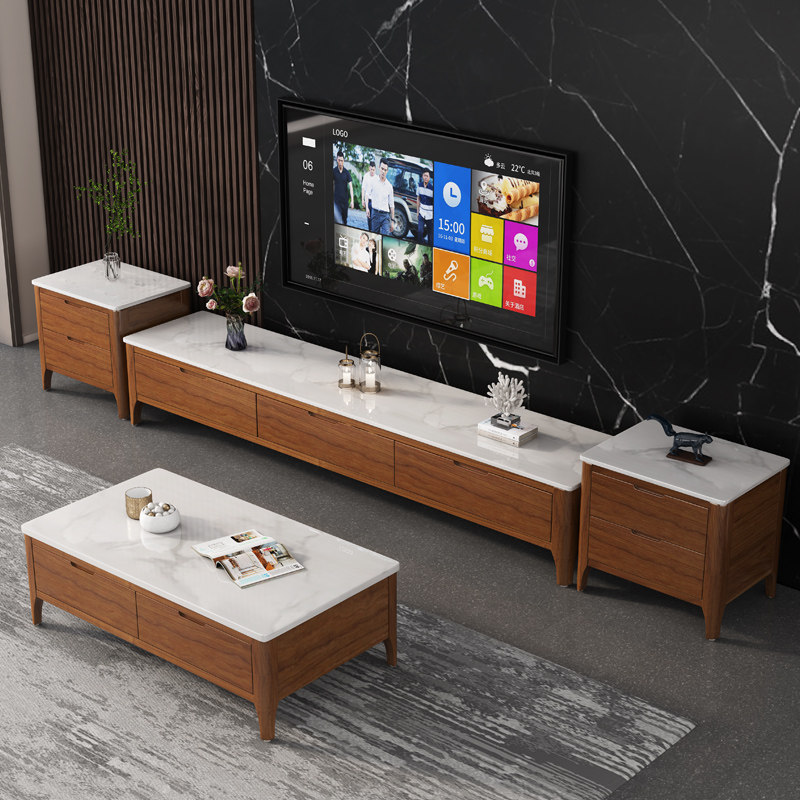 Slate TV cabinet coffee table combination small apartment living room 2021 new Nordic solid wood TV cabinet modern simplicity
