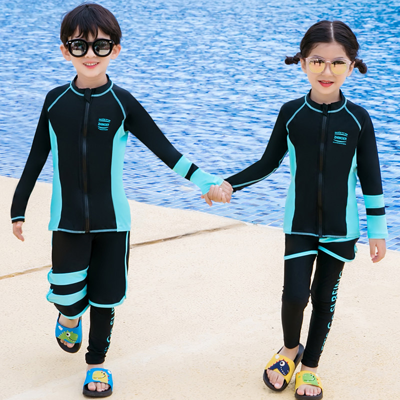 New children's boy swimsuit split CUHK children's zipper three sets of sunscreen long sleeve girl diving suit with jellyfish-Taobao