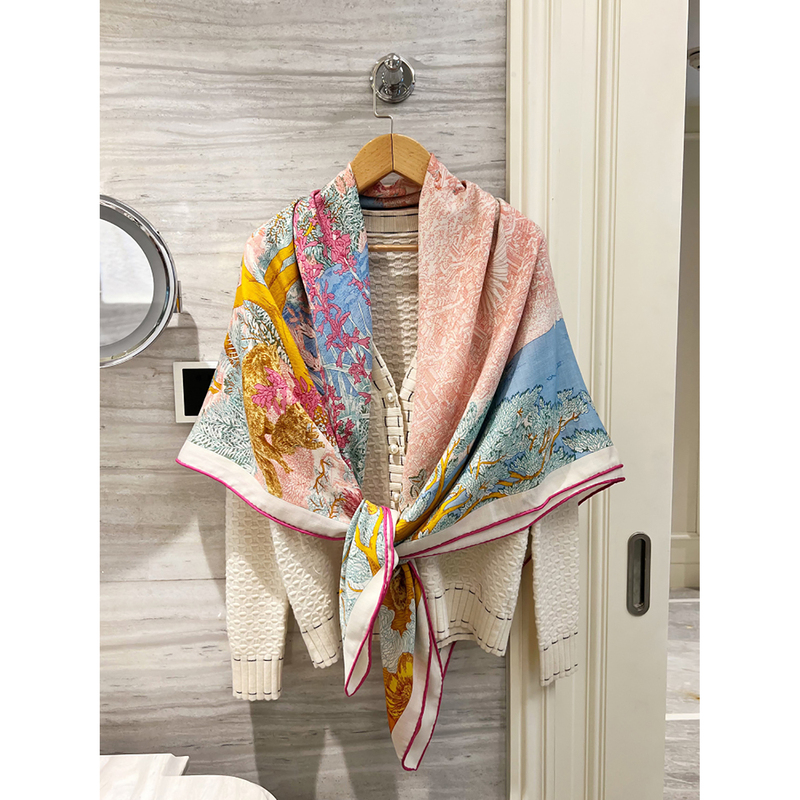 Ninasolor Returns to Nature, Showing Off a White and Rose-Red Color, Exquisite Printed and Dyed Silk and Wool Large Square Scarf, Shawl