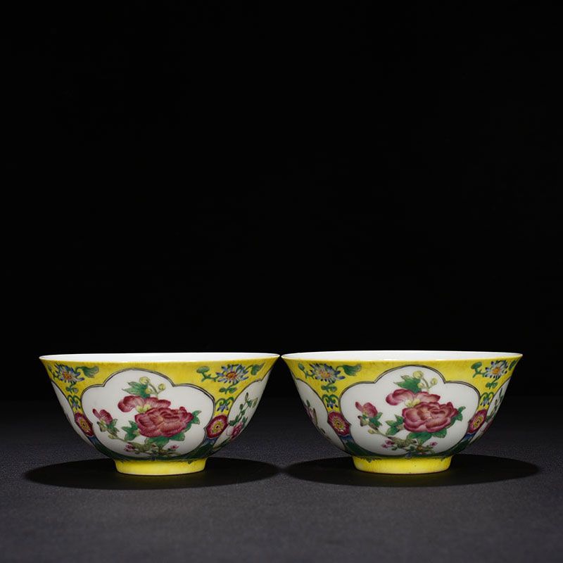 The Four Seasons Flowers Birds bowl of Qingkang Hei Imperial Yellow Earth enamel Enamel Open Window