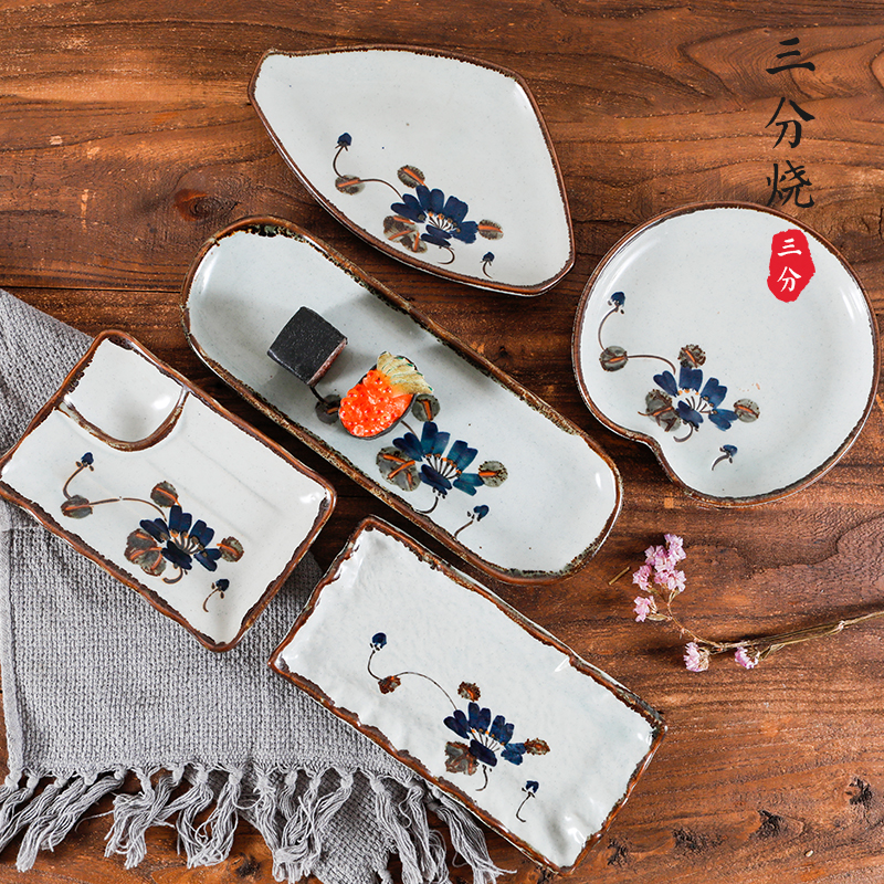 Mitsuyaki Japanese Ceramic Dish Plate Home Irregular Dumpling Fried Stick Plate Retro Roasted Meat Sushi Plate Commercial Restaurant