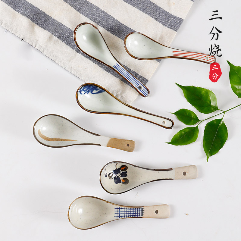 Three-point ceramic Japanese-style creative soup spoon Personality long handle spoon Hotel tableware Household rice spoon Curved spoon Mixing spoon spoon