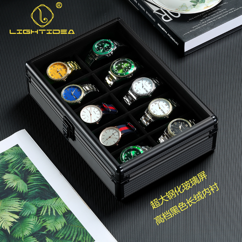 Watch Box, Elegant Black Aluminum Alloy, Ten-Compartment Transparent Glass Lid, Large-Capacity Jewelry Box, High-End Watch Storage Box