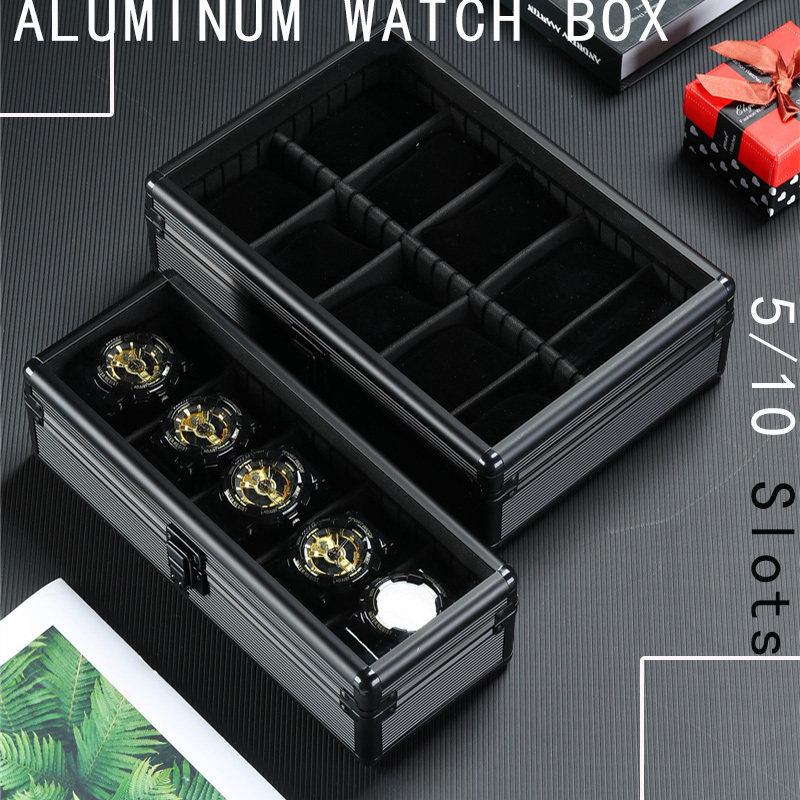 Watch Box, Elegant Black Aluminum Alloy, Ten Compartments, Transparent Glass Cover, Large Capacity Jewelry Box, High-End Watch Storage Box Watch Box, Elegant Black Aluminum Alloy, Ten Compartments, Transparent Glass Cover, Large Capacity Jewelry Box, High-End Watch Storage Box