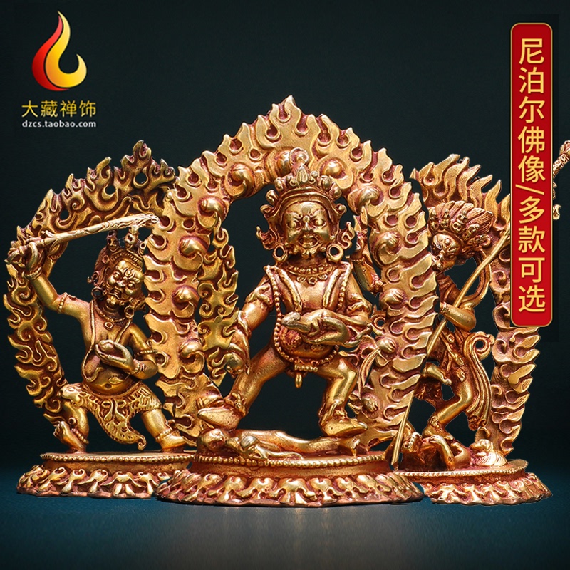 Brass Nepalese Handmade Lion-Faced Void Mother Buddha Statue, Black God of Wealth, Mahasthamaprapta Bodhisattva, Wrathful Manjushri, Lotus Master Buddha Statue