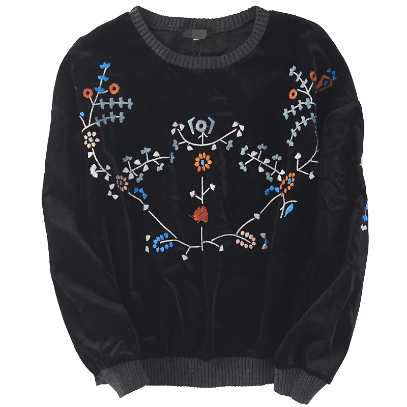 67653 Spring and autumn new women's clothing Han edition fashion pop casual loose round collar embroidered gold velvet sweater 1228