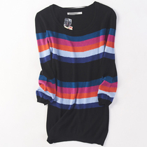 61158 Spring and Autumn new womens Korean version of round neck pullover fashion stripes medium long knitted shirt hip skirt 227