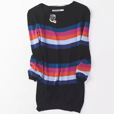 61158 Spring and Autumn New Women's Korean version of round neck pullover fashion stripes medium and long version of knitwear hip skirt 227