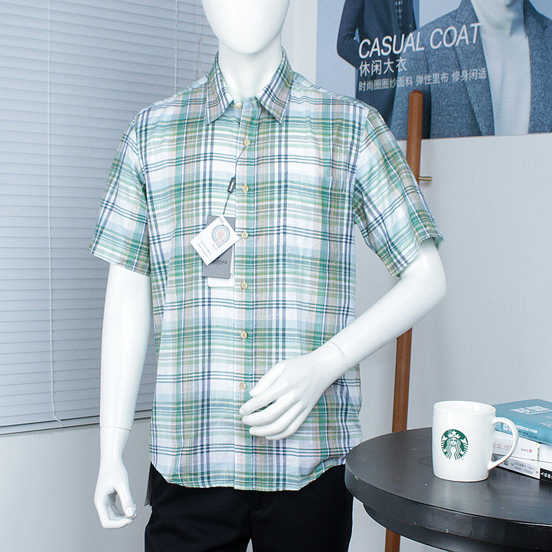 Austrian fabric cabinet 1688 men cotton linen lattice short sleeve shirt breathable summer thin shirt 24200006