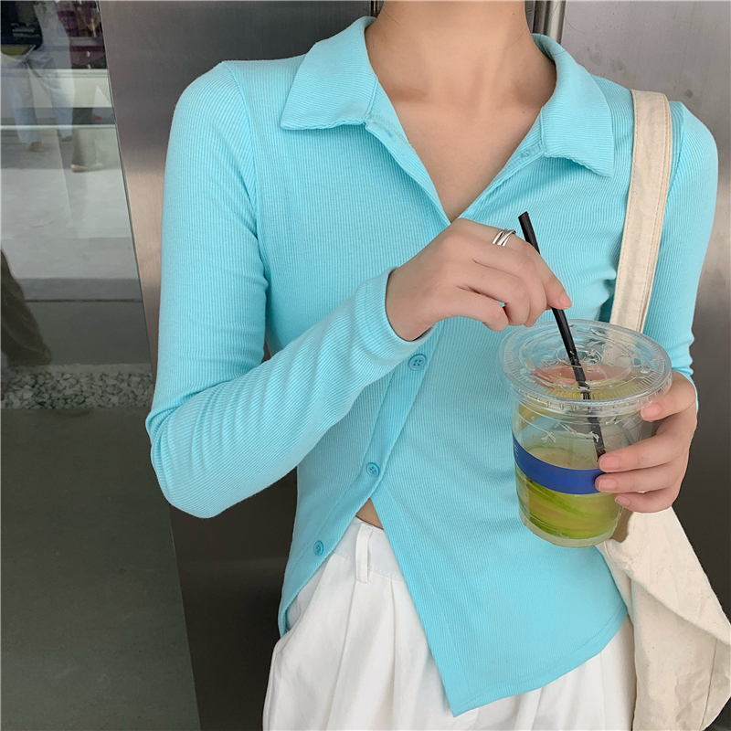 Real shot 2021 spring new knitted short T-shirt women's care machine long sleeve high waist slim top