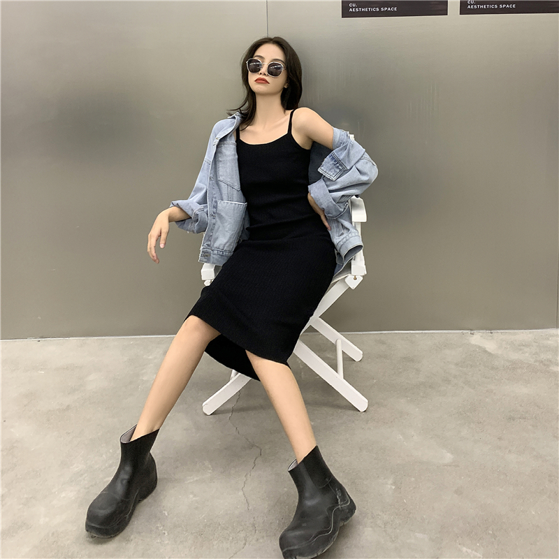 Real photo - early spring 2021 new fashion versatile sleeveless knitted suspender mid length dress for women