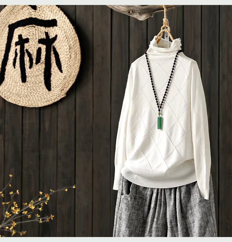 Indigo gốc cọc cổ áo len đáy áo len của phụ nữ mùa thu và mùa đông mới lỏng lẻo cao cổ áo sơ mi chạm đáy áo len cardigan nữ