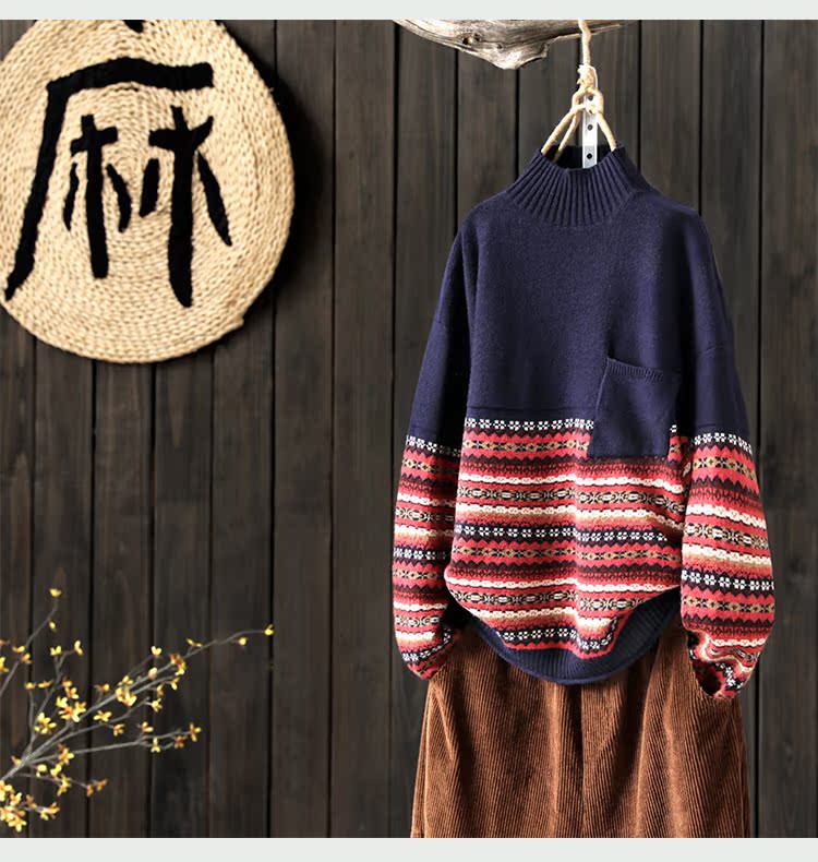 Indigo vintage phong cách dân tộc nửa cổ cao chạm đáy áo len áo len nữ mùa thu lỏng và mùa đông mới áo len sợi len áo thu đông nữ