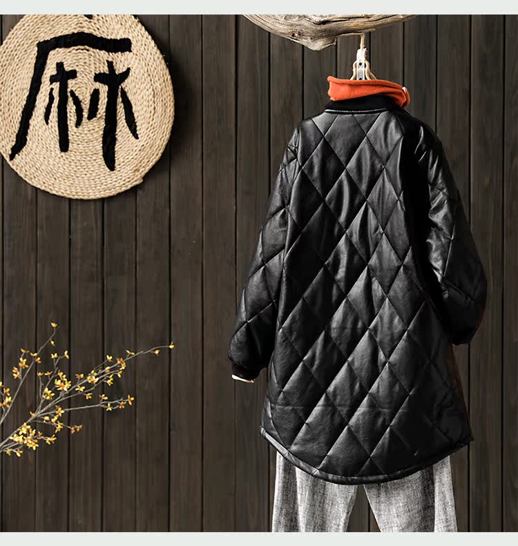Indigo fan văn học gốc phong cách retro lỏng lẻo phần dài chần độn áo khoác da nữ 2018 thu đông mới áo da thật