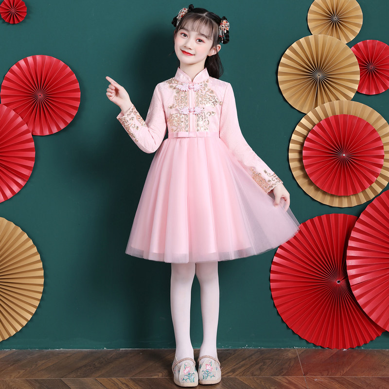 Hanfu girl Spring and Autumn long sleeve Chinese style Tang suit children's skirt costume Super fairy Autumn girl foreign style dress