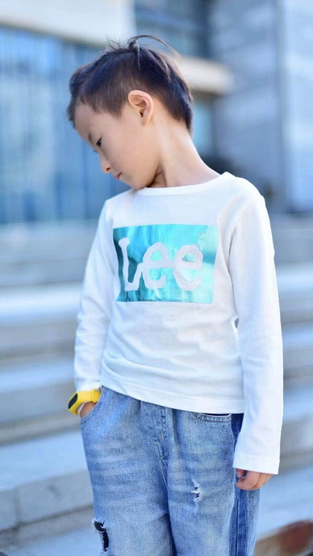 Áo sơ mi cotton cổ tròn trẻ em đẹp trai của Nhật Bản nam và nữ bé lớn in chữ T-shirt 100-140 áo thun trẻ em