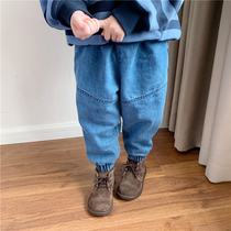 Tong Tong mom boy girl cotton beam feet plus velvet jeans Baby Harem pants Jeans Childrens pants winter clothes