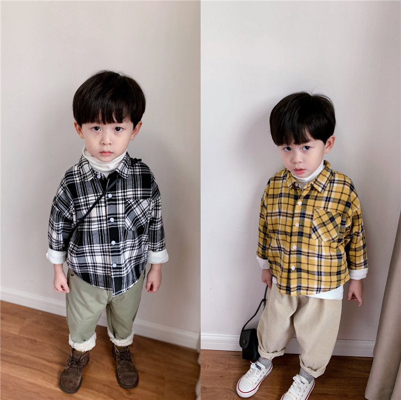 Boy Scouting Boy Grindh Cotton Plaid Gush Shirt Child Gge Blouse Shirt Baby Warm Blouse Cardiovert for winter clothing