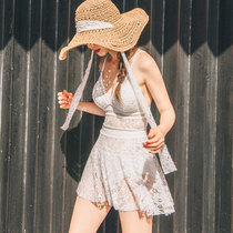 2021 South Koreas new ins white lace bikini deep V open back conservative shades of skinny dress style one-piece swimsuit