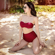 New bra sexy bikini red small chest gathered steel support high waist Belly Belly breast sunscreen swimsuit three sets