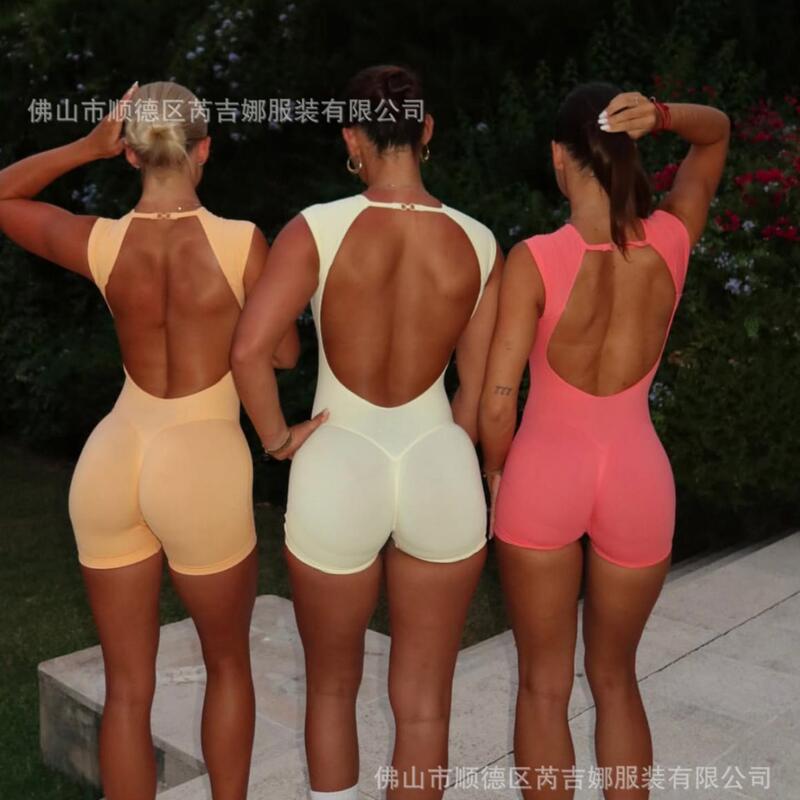 Df Fitness Yoga Seamless Raglan Short-Sleeved Jumpsuit Shorts, Feminine Backless Sports Slimming Look with Chest Pads Df Fitness Yoga Seamless Raglan Short-Sleeved Jumpsuit Shorts, Feminine Backless Sports Slimming Look with Chest Pads