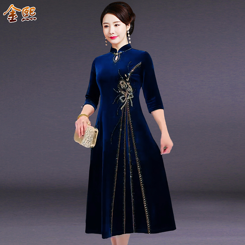 Elegant Mid-Length Plus-Size Dress for Middle-Aged Women, Slimming, Suitable for Mother-In-Law, Wedding Banquet, Mother's Dress, Improved Cheongsam Elegant Mid-Length Plus-Size Dress for Middle-Aged Women, Slimming, Suitable for Mother-In-Law, Wedding Banquet, Mother's Dress, Improved Cheongsam