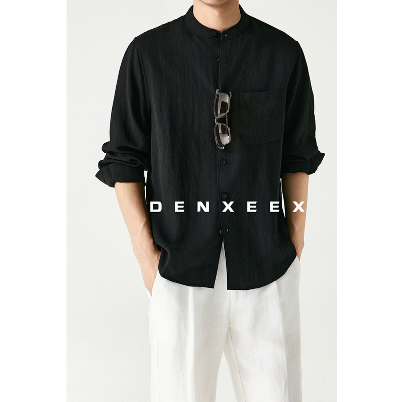 Men's Long-Sleeved Shirt with a Small Stand Collar, Loose and Breathable, Made of Tencel Linen in the Style of Old Money, from the Brand Free Wind and Elegant