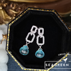Серьги 碧笙手作 天然5a海蓝宝刻面水滴精致925银镀白金耳钉3月诞生石