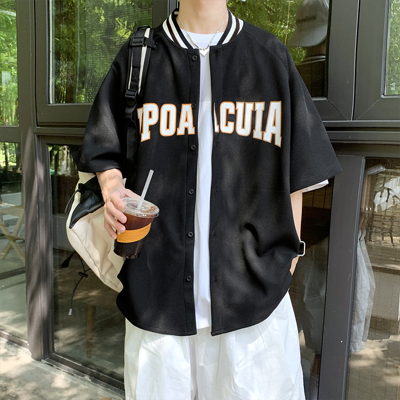 Baseball Collar Short-Sleeve Shirt for Men, Trendy Brand, ins Summer 2025 New Waffle Knit Shirt Jacket, Stylish Trendy Top