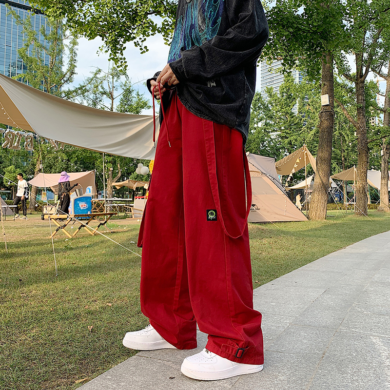 Casual Trousers Korean Style Trendy Brand Detachable Suspenders Wide-Leg Pocket Straight-Leg Workwear Red Pants Men's Same Style Casual Trousers Korean Style Trendy Brand Detachable Suspenders Wide-Leg Pocket Straight-Leg Workwear Red Pants Men's Same Style