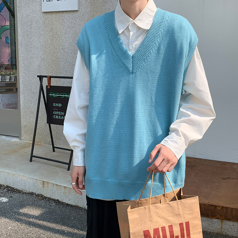 Spring and Autumn Korean Ulzzang Sweater V-Neck Hong Kong Style Retro Chic Sleeveless Top Vest Knitwear Vest for Men and Women